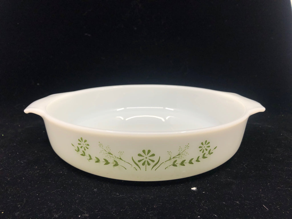 VTG GREEN FLORAL CASSEROLE DISH.