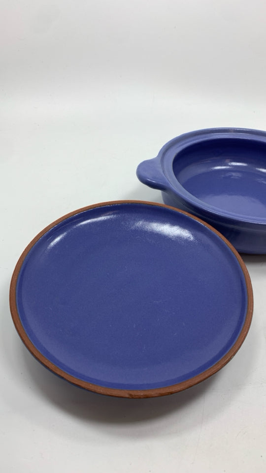 BLUE GLAZED TERRA COTTA BAKING DISH W/LID.