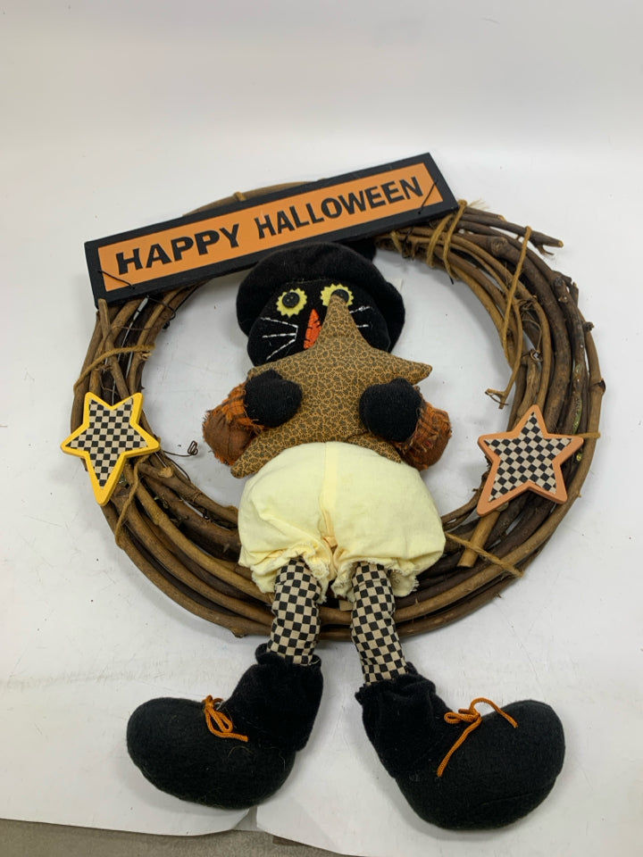 PRIMITIVE STYLE CAT HOLDING STAR HAPPY HALLOWEEN WREATH.