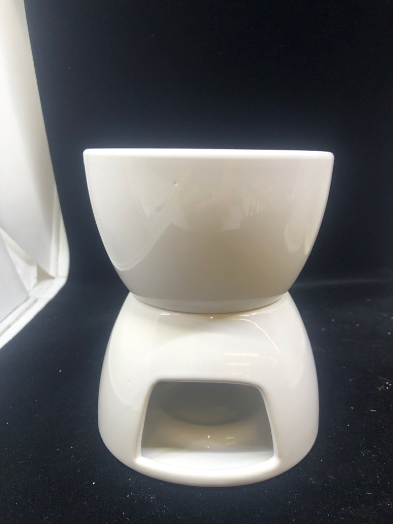 2 PIECE CERAMIC WHITE FONDUE WARMER- CRATE & BARREL