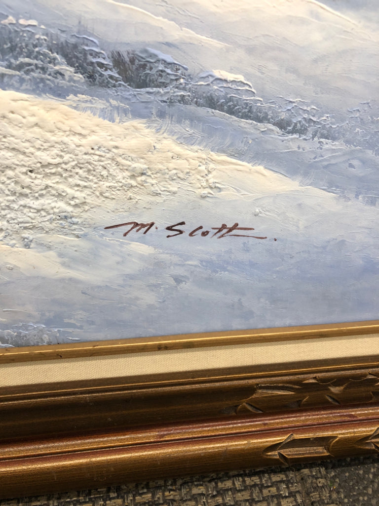 WINTER FOREST PAINTING IN BRONZE FRAME.