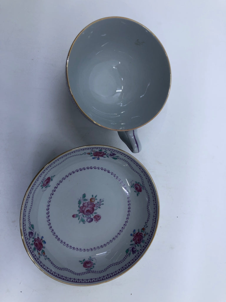 VTG PURPLE W/FLOWERS COPELAND TEACUP AND SAUCER.