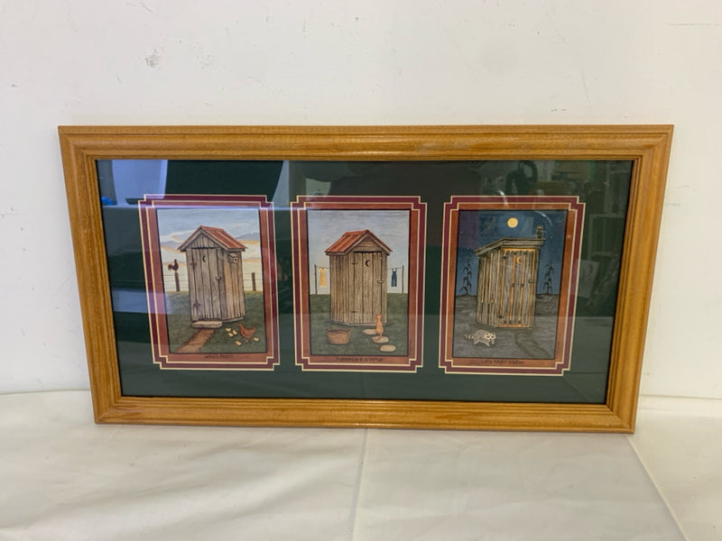 3 OUTHOUSE DRAWINGS IN WOOD FRAME WALL HANGING.