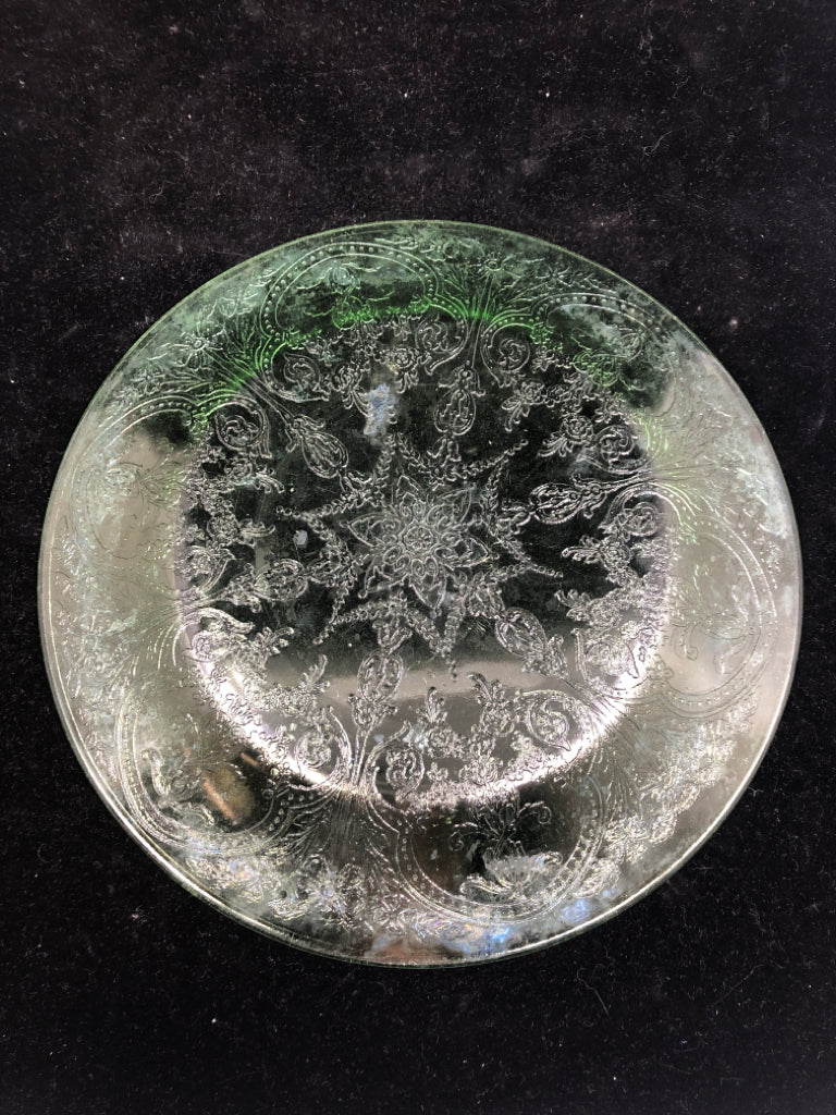 VTG GREEN ETCHED PRESSED GLASS SERVER.