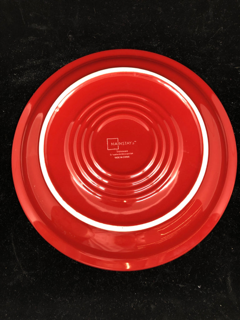 4 HEAVY RED DINNER PLATES.