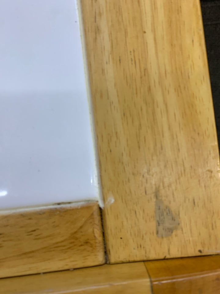 ROLLING KITCHEN CART BLONDE WOOD & WHITE W/TILE COUNTER TOP & 2 DOORS.