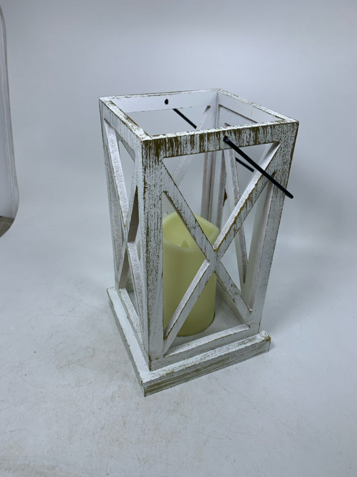 DISTRESSED WHITE LANTERN W/ FAUX BATTERY CANDLE.