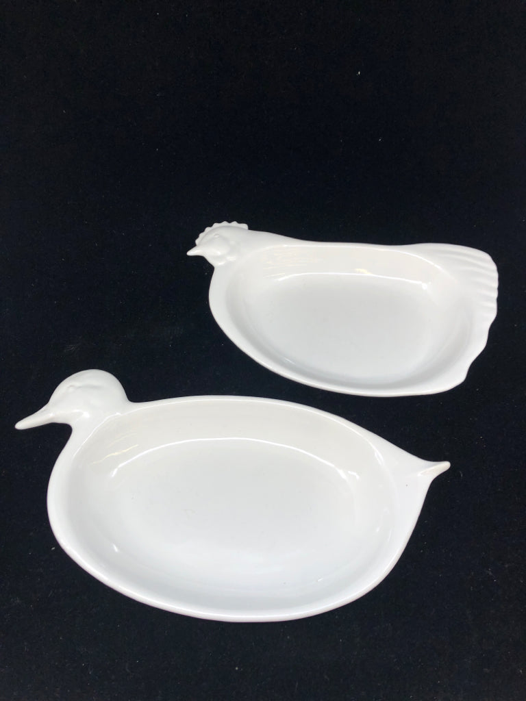 2 WHITE SERVING DISHES - CHICKEN AND DUCK.