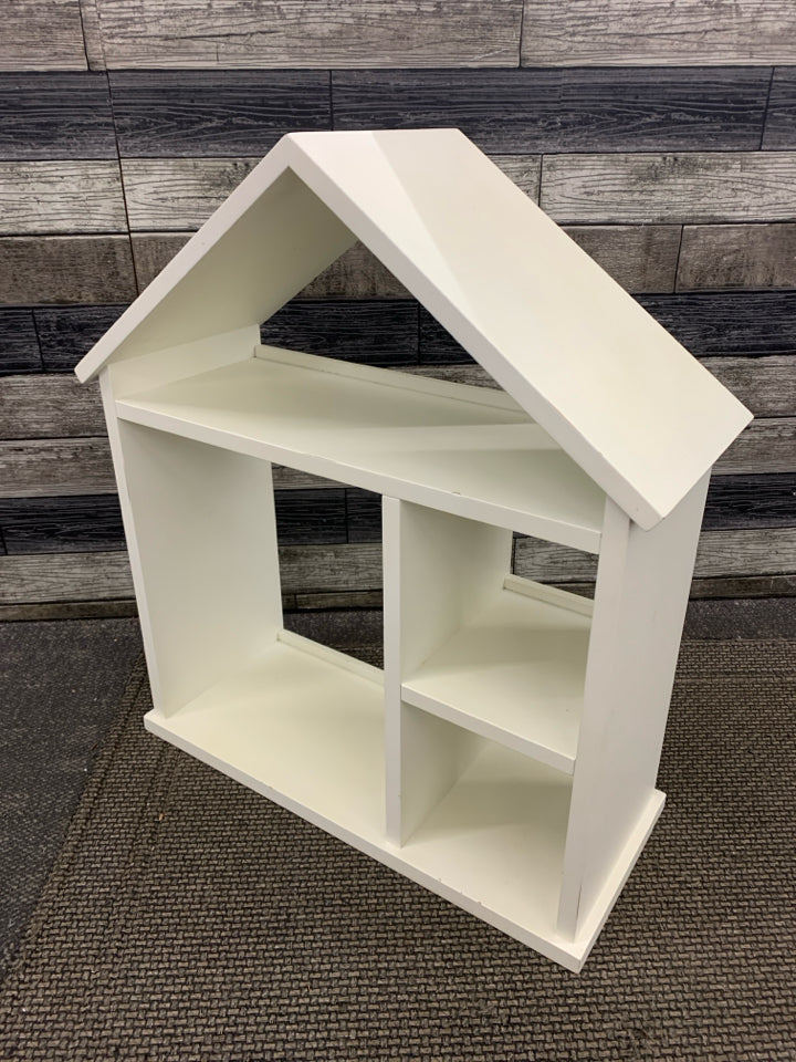 WHITE WOOD HOUSE SHAPED KIDS BOOK SHELF.