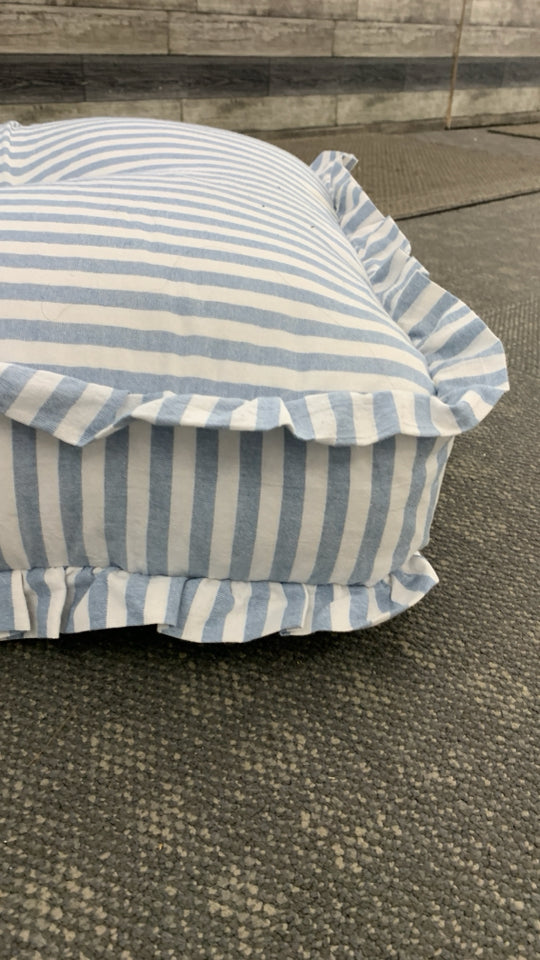 BLUE STRIPE FLOOR PILLOW W/RUFFLES.