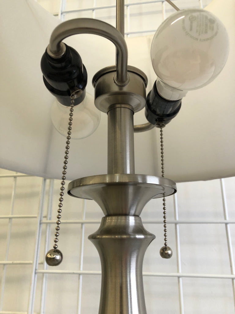 SILVER BASE LAMP W/ WHITE SHADE DOUBLE PULL CHAIN.
