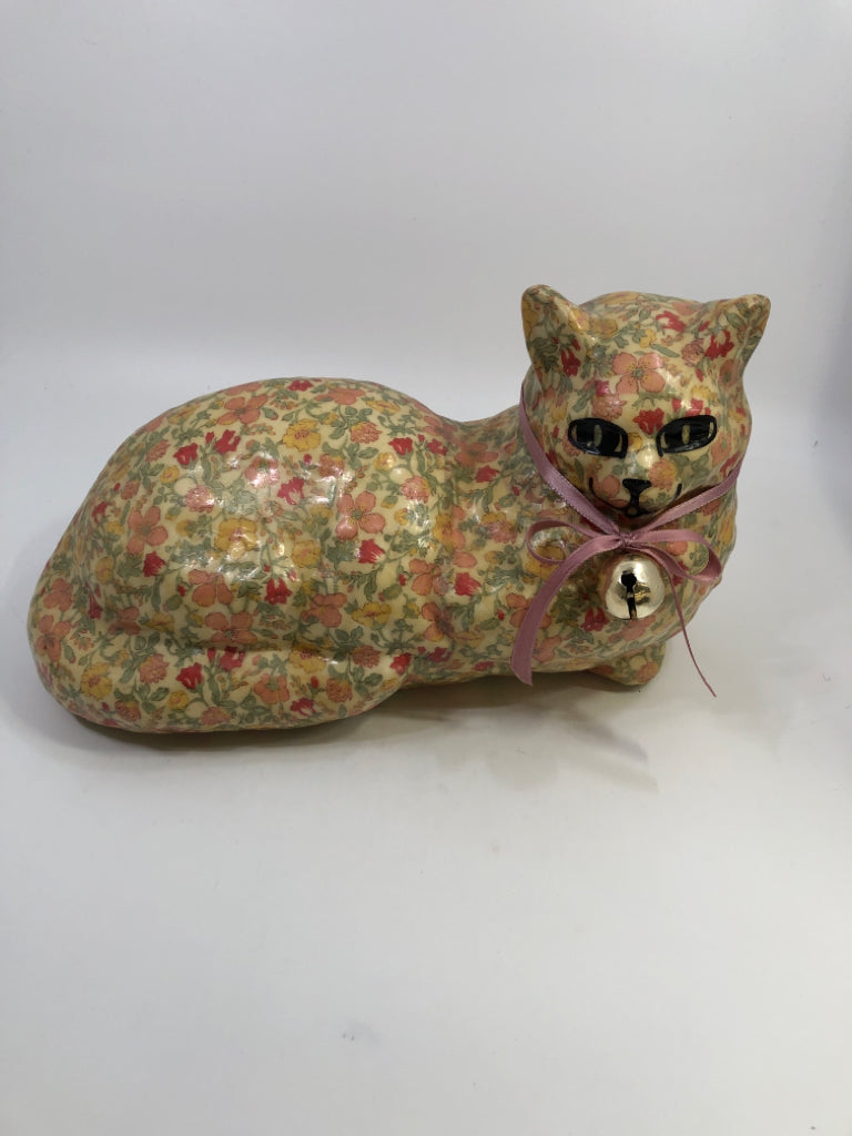 VTG DECOUPAGE FLORAL CERAMIC CAT W/PINK BELL COLLAR.