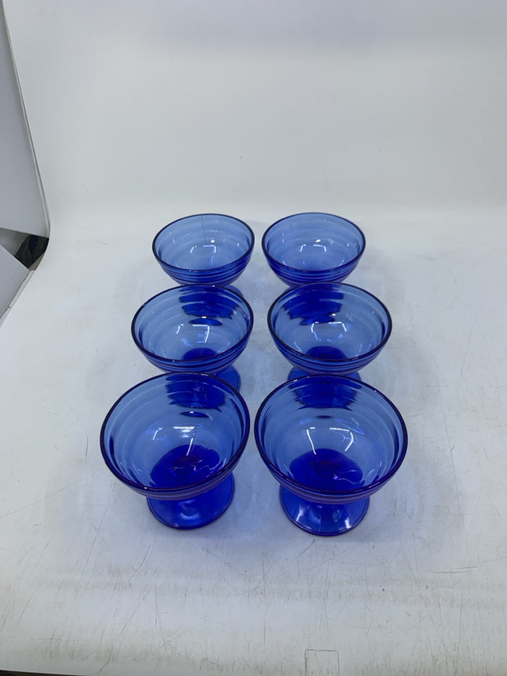 6 SHORT COBALT BLUE GLASSES W/ LINES.