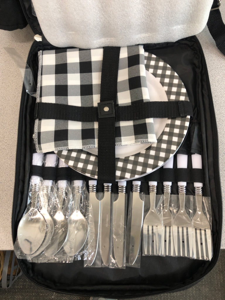 BLACK BACKPACK W/PICNIC UTENSILS, PLATES, CUPS.