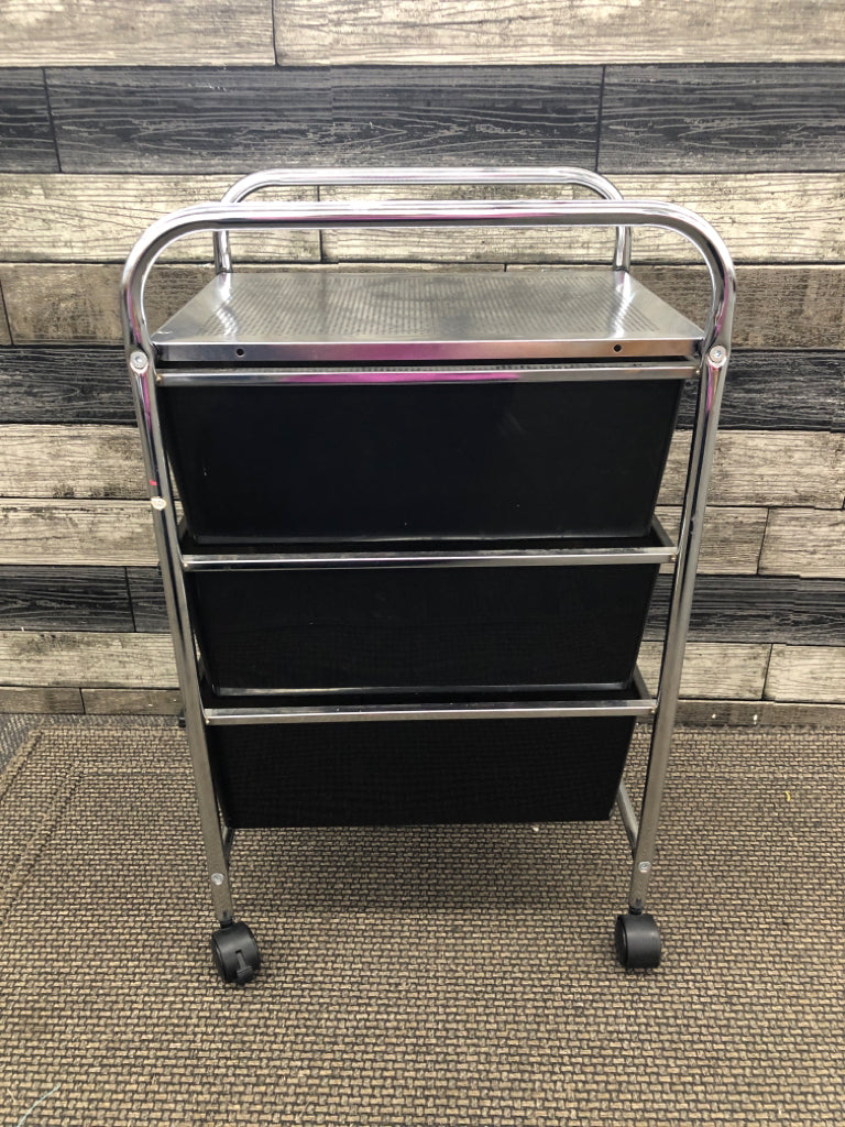 3 TIER BLACK PLASTIC/SILVER METAL STORAGE ROLLING CART.