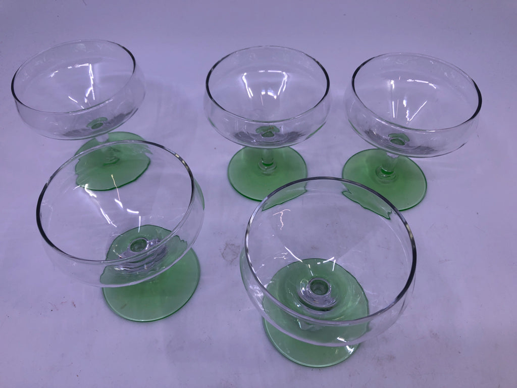 5 GREEN STEM GOBLETS.