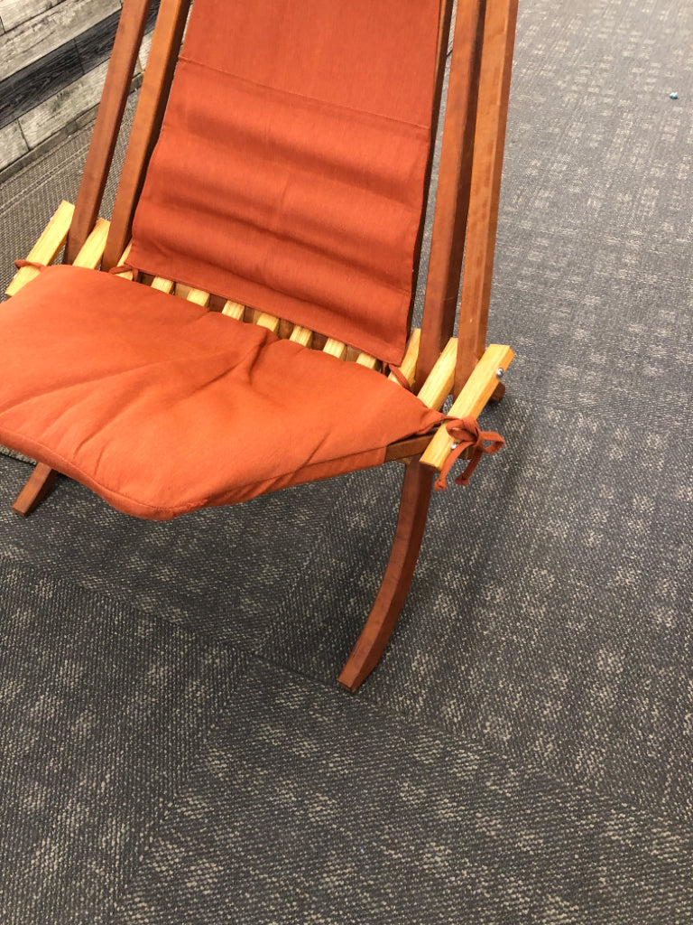 ARTISAN MADE TEAK WOOD FOLDABLE CHAIR W/ BURNT ORANGE CUSHIONS.