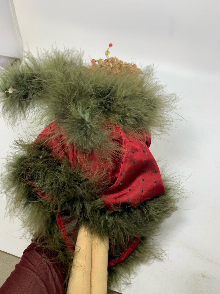 PLUSH RED SILK DRESS ANGEL W/ GREEN FEATHER TRIM.