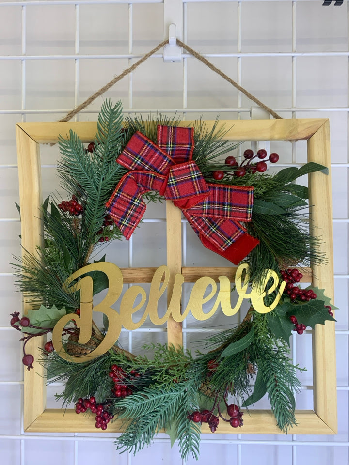 BELIEVE FAUX WINDOW W WREATH WALL ART.