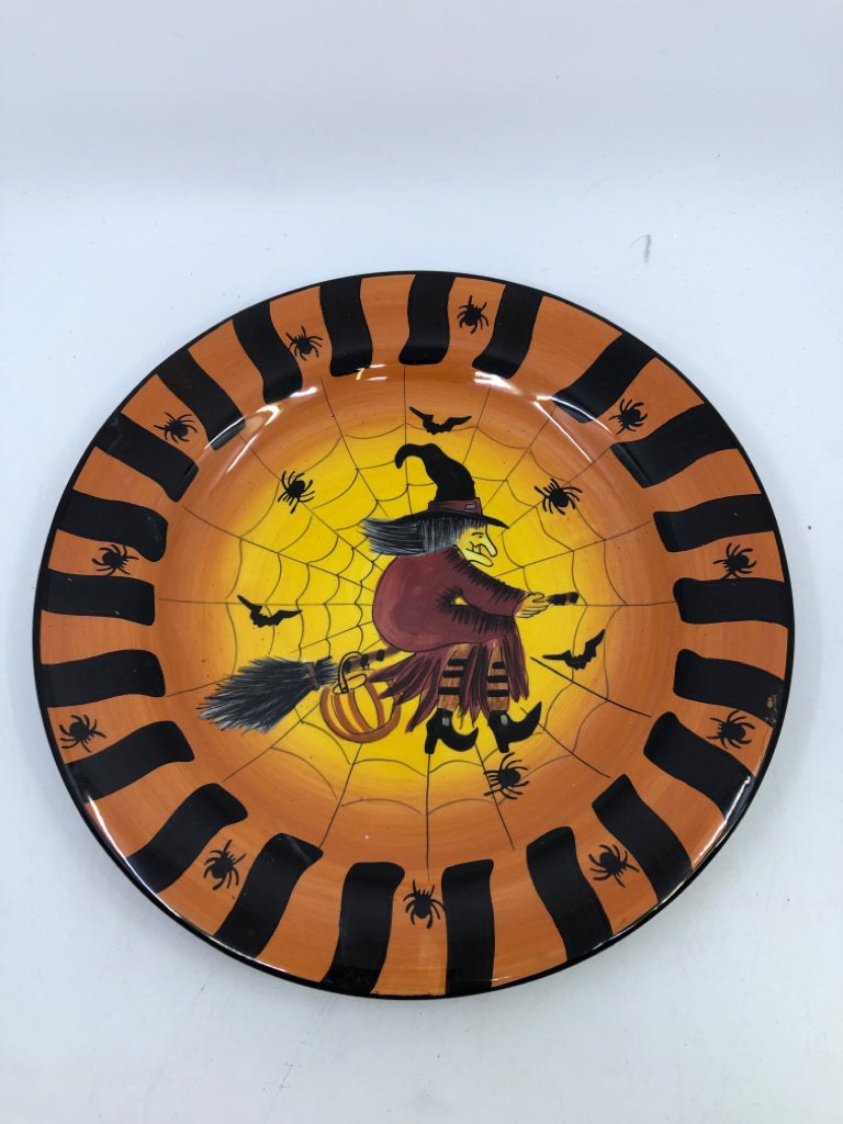 WITCH ON BROOM W/ SPIDERS PLATTER.