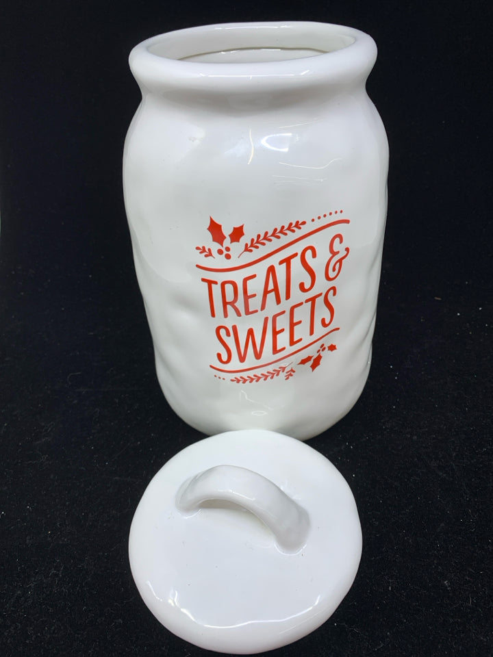 WHITE "TREATS & SWEETS" CANISTER WITH LID.