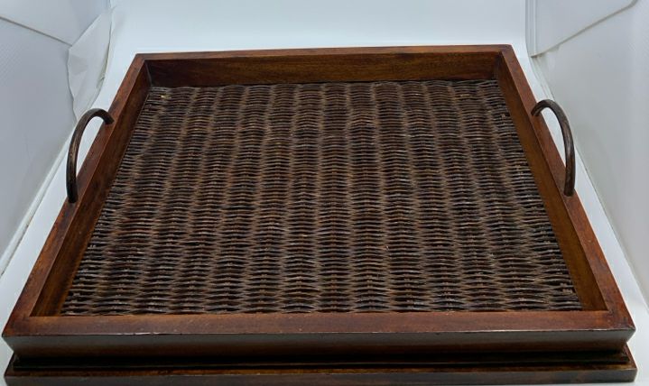 LARGE "RIVER WOOD" TRAY W/ WOOD FRAME DARK WICKER BASE + HANDLES.