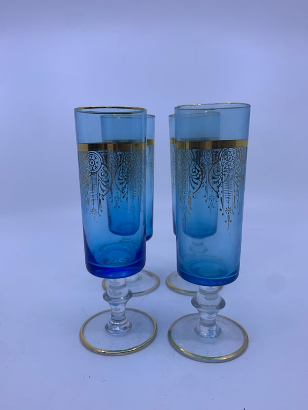 4 VINTAGE BLUE/GOLD GLASSES W/ DESIGNS.