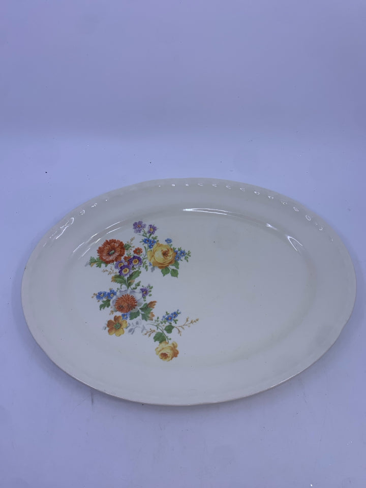 VTG CREAM OVAL SERVING PLATTER W/ FLOWER CLUSTER IN CORNER.
