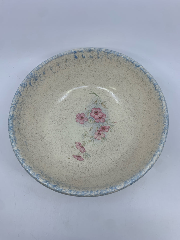 HEAVY POTTERY BOWL CREAM W/ PINK FLOWERS.