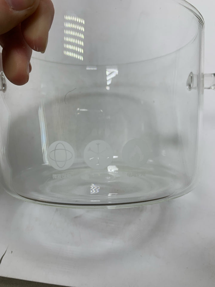 CLEAR GLASS SIMMER POT BOROSILLICATE GLASS W/ HANDLES & LID.