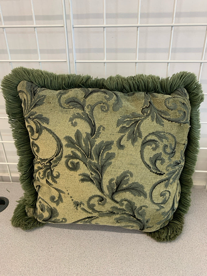 GREEN/BLUE TEXTURED PILLOW W FRINGE.