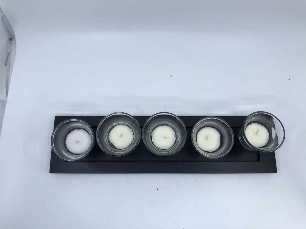 5 TEA LIGHT HOLDER W/WOOD BASE.