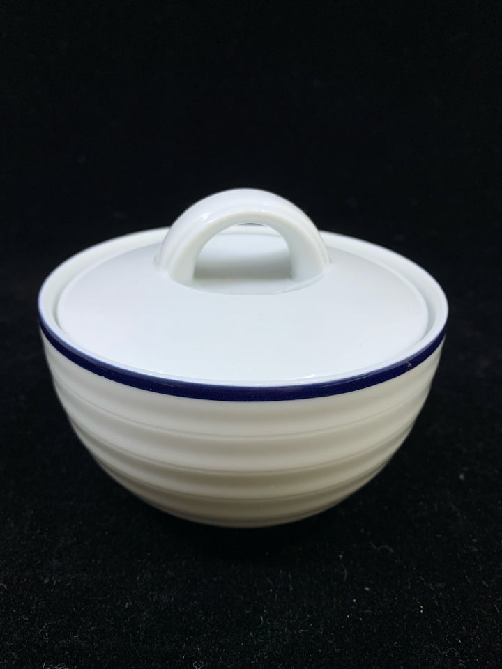 WHITE W/NAVY RIM SUGAR DISH.