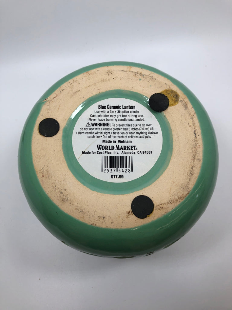 GREEN CERAMIC CANDLE LANTERN.