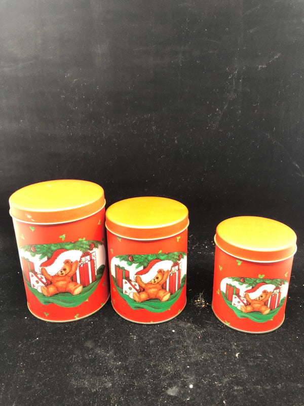 3 RED TIN NESTING TINS W TEDDY.