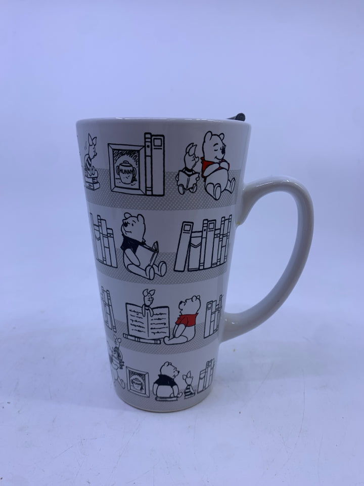 BLACK/WHITE WINNIE THE POOH COFFEE MUG WITH LID.