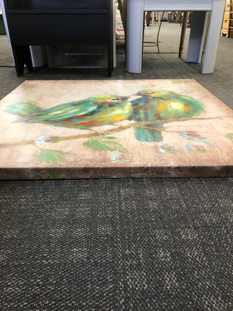 LARGE CANVAS W/  TWO COLORFUL BIRDS ON BRANCH.