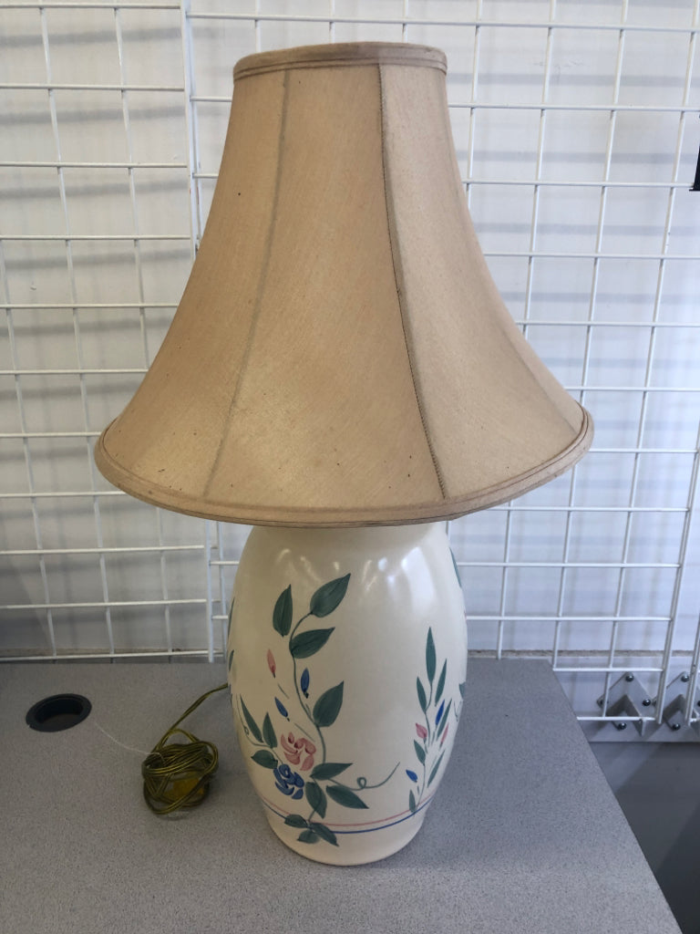CREAM CERAMIC BASE W/ BLUE+PINK ROSES,VINES LAMP.