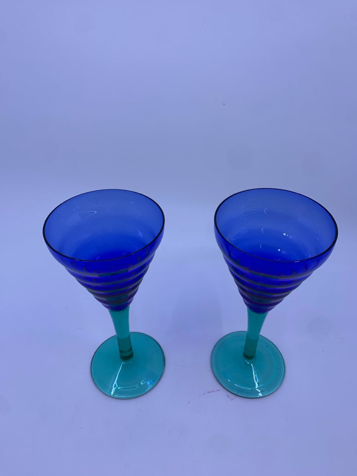 2 BLUE/GREEN MARTINI GLASSES.