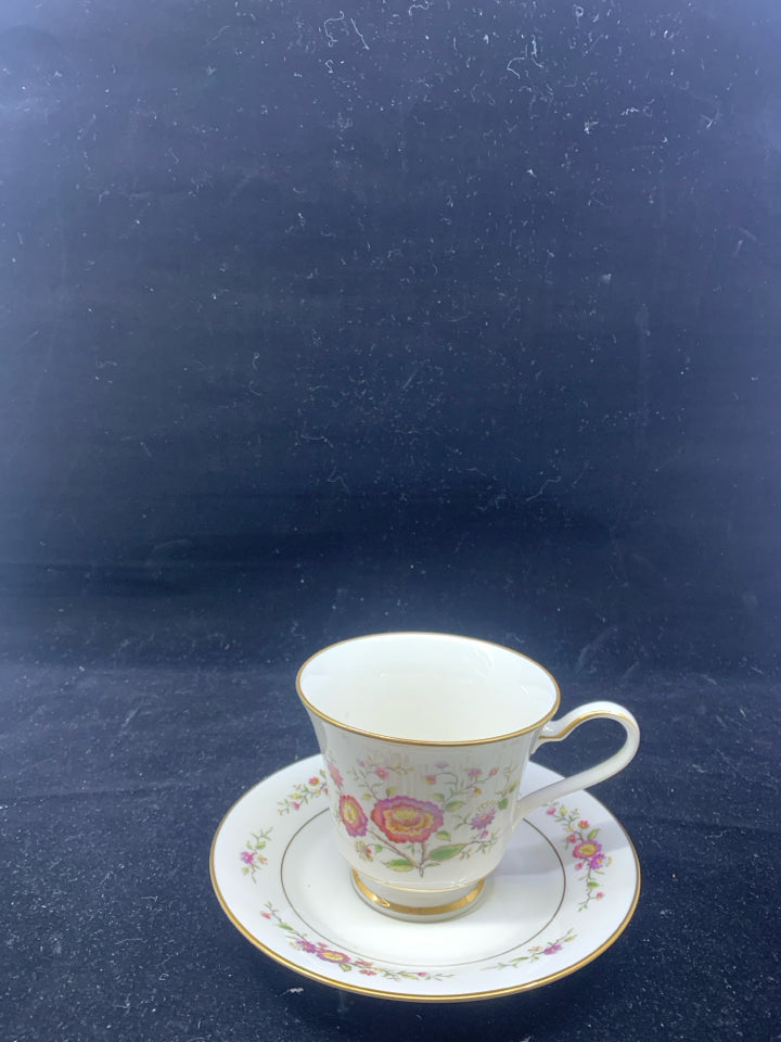 CREAM PINK AND PURPLE CUP AND SAUCER.