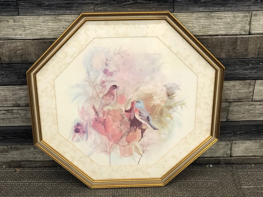 VTG PINK/BLUE WATER COLOR BIRDS ON BRANCHES IN GOLD OCTAGON FRAME.