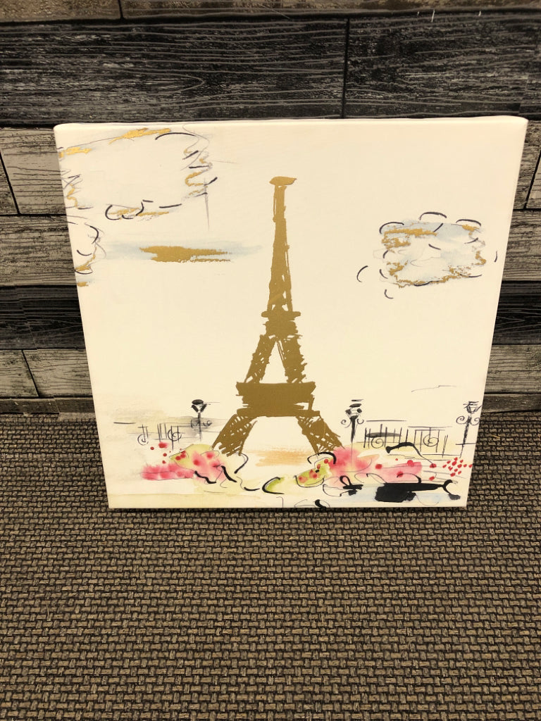 GOLD EIFFEL TOWER SQUARE CANVAS WALL HANGING.