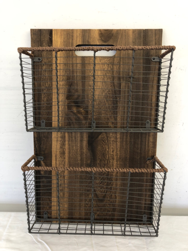 DARK WOOD 2 TIER FILING WIRE BASKETS WALL ART.