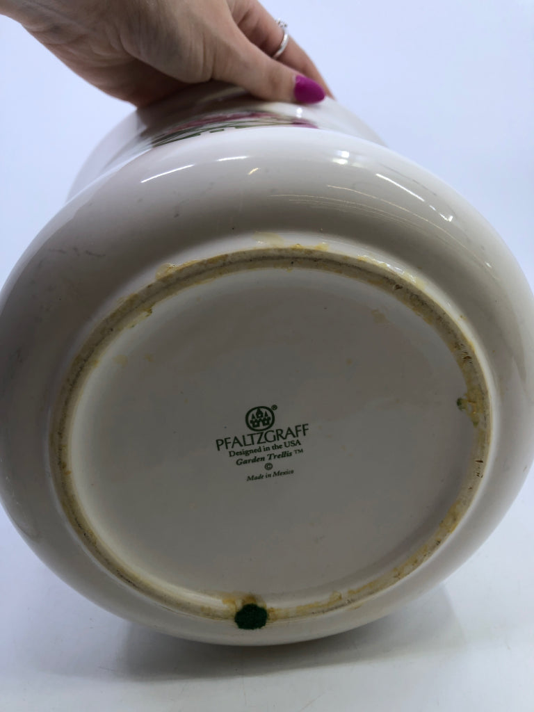 LARGE FLORAL DESIGN COVERED CANISTER.