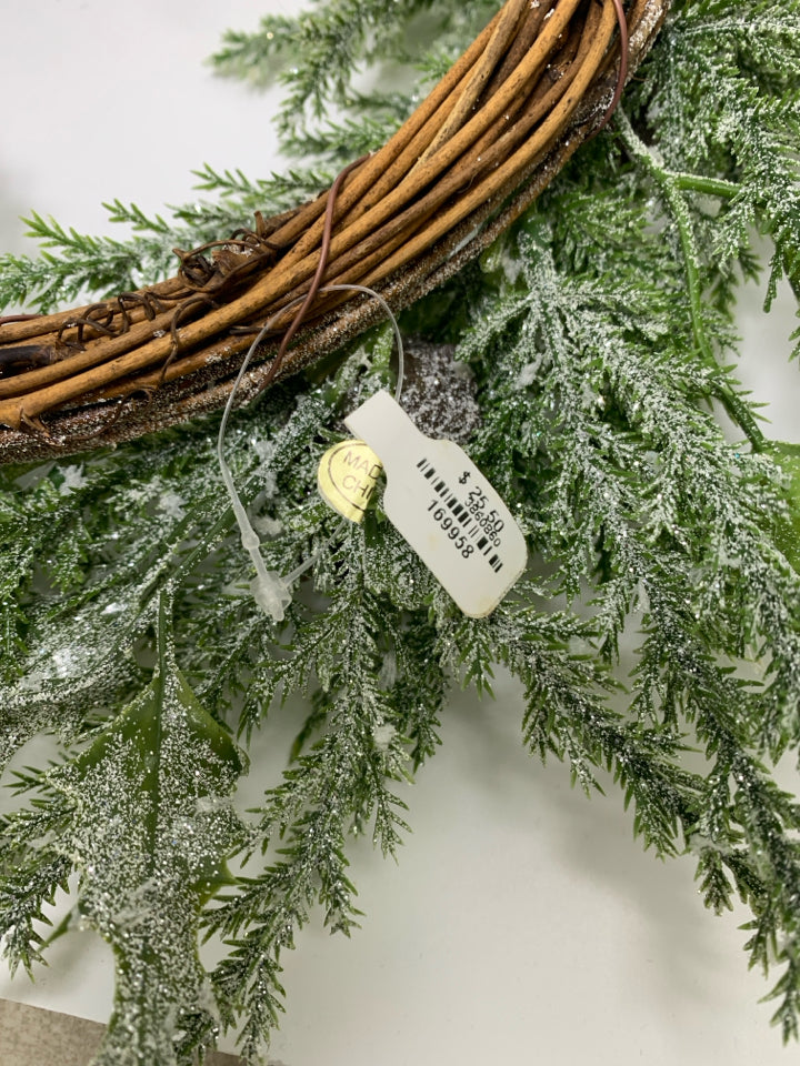 FLOCKED PINE NEEDLES CANDLE WREATH W/ BERRIES / PINECONES.