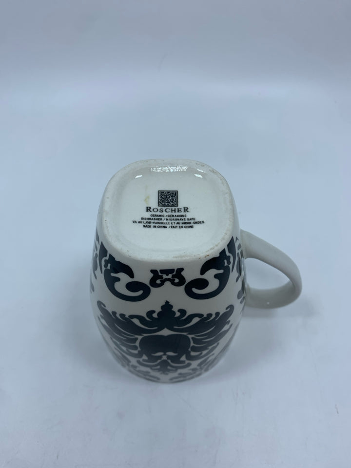 4PC ROSCHER BLACK FLORAL CERAMIC MUGS.