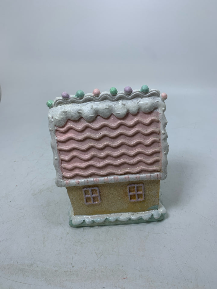 RESIN PASTEL COLORED SPARKLE GINGERBREAD HOUSE.