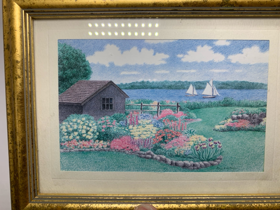 SMALL FRAMED FLOWER GARDEN W/ SAILBOATS IN GOLD FRAME.