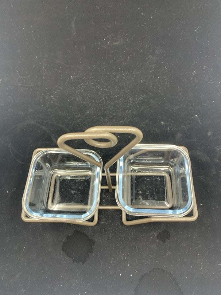 2 DIP BOWLS IN METAL HOLDER.