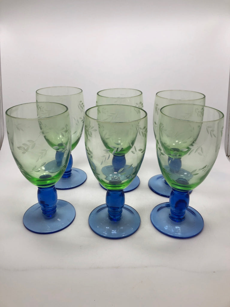 6 BLUE STEM GREEN GLASS GOBLETS.